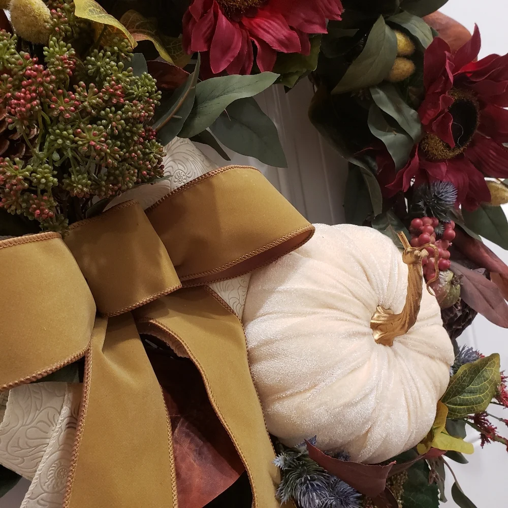 Velvet Pumpkin and Burgundy Sunflower Fall Grapevine Wreath
